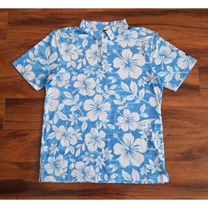 Yatta Golf Mens Blue White Hibiscus Floral Performance Polo Shirt Large L